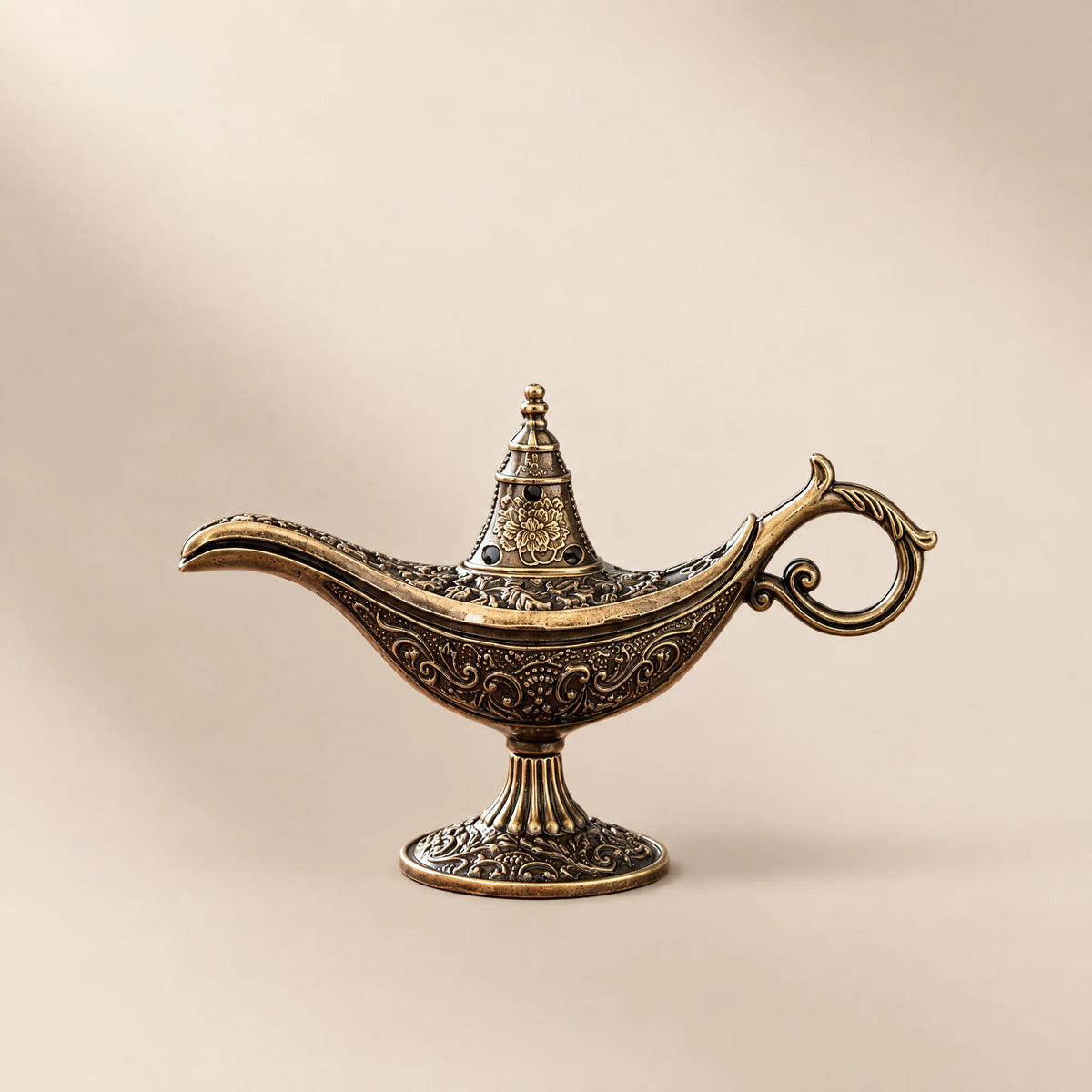 Genie Lamp Metal Incense Burner, bronze, front view