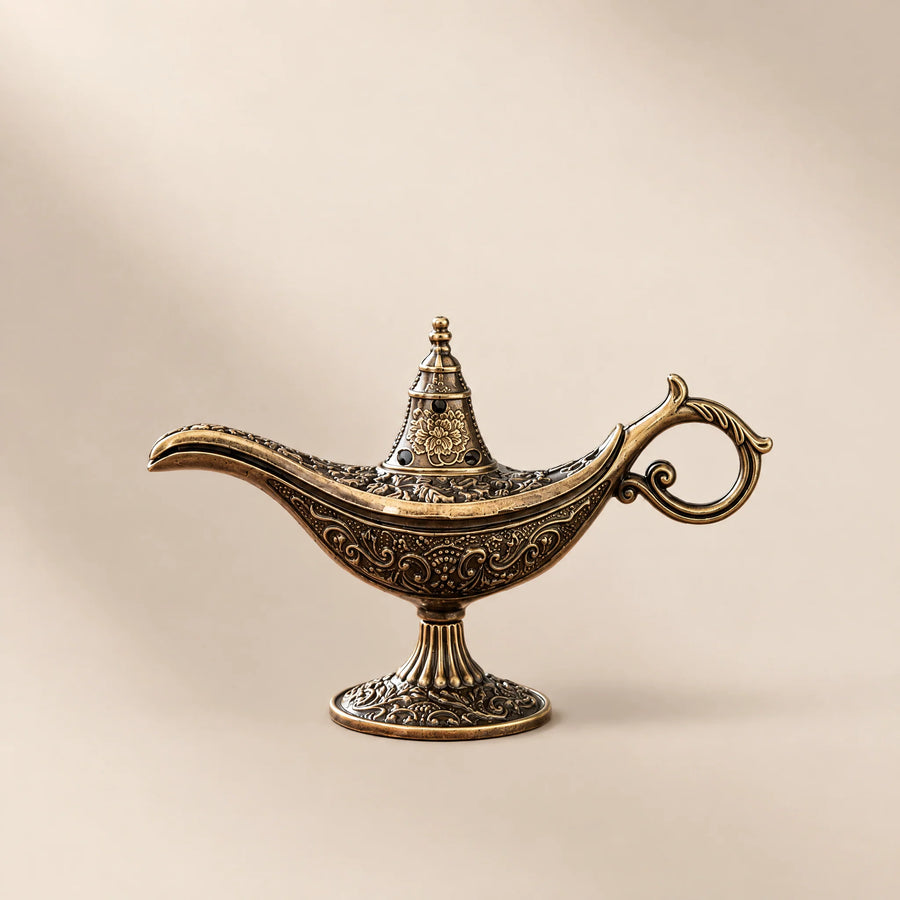 Genie Lamp Metal Incense Burner, bronze, front view