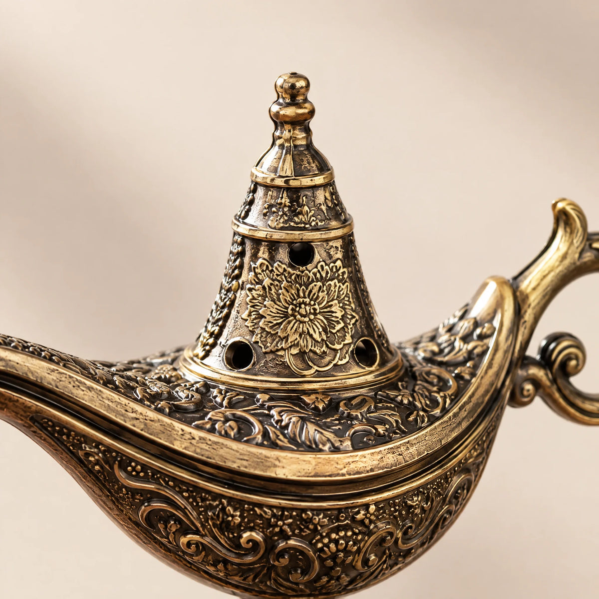 Genie Lamp Metal Incense Burner, close up detail