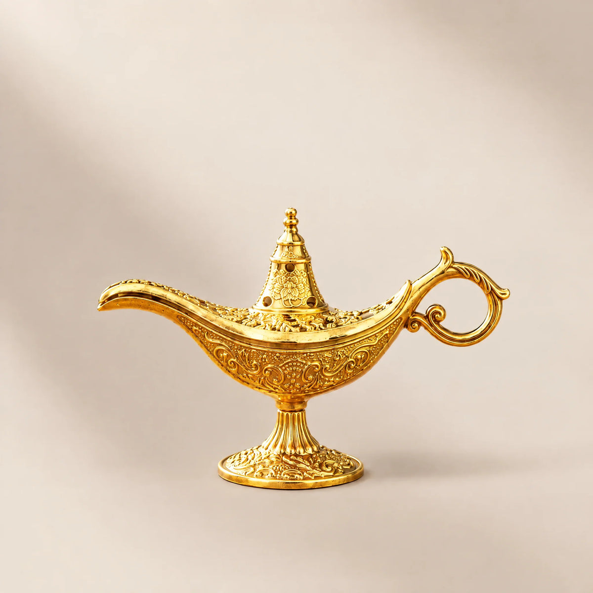 Genie Lamp Metal Incense Burner, gold, front view