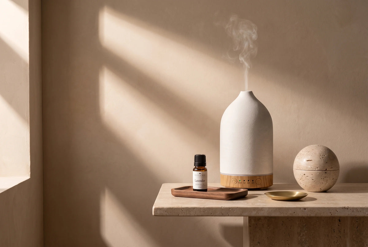 Ceramic diffuser, travertine sphere and a 10 ml lavender oil on a travertine console at dusk