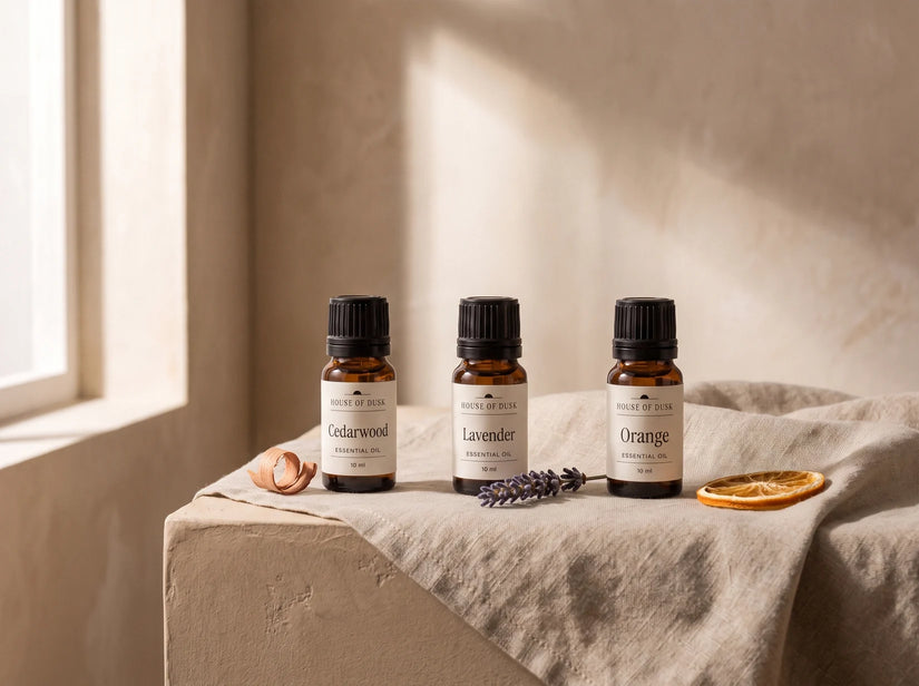 Three 10 ml House of Dusk essential oils, cedarwood, lavender and orange, on linen