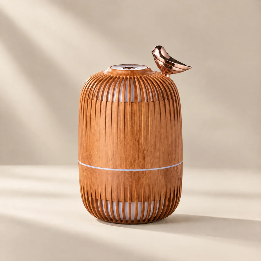 Ribbed Bird Top Essential Oil Diffuser, light wood grain, front view