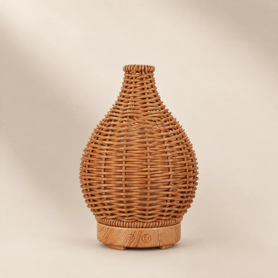 Woven Rattan Style Essential Oil Diffuser, 100 ml, light wood grain, front view
