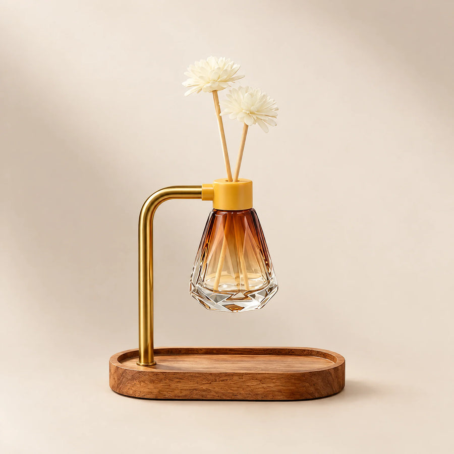 Faceted Glass Reed Diffuser on Wood Stand, 60 ml, amber, front view
