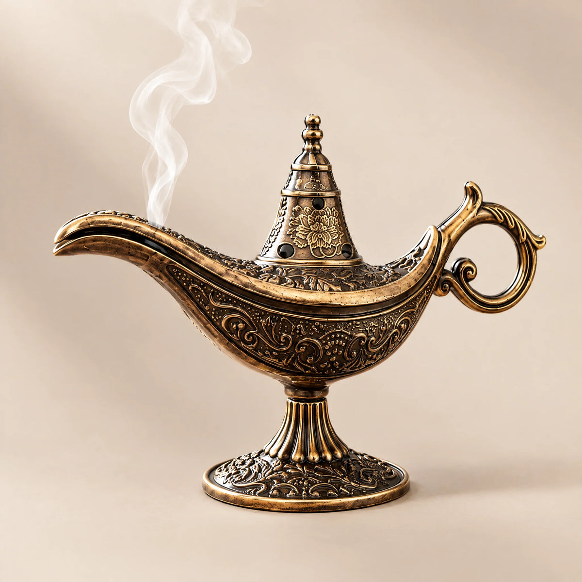 Genie Lamp Metal Incense Burner, three quarter view