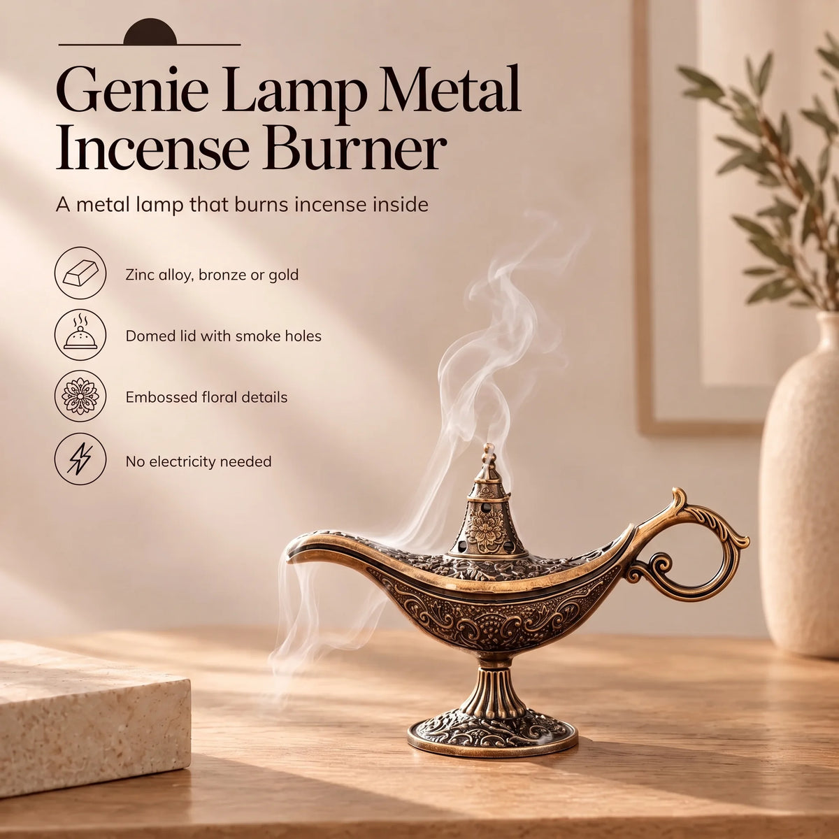 Genie Lamp Metal Incense Burner in use, with its key features