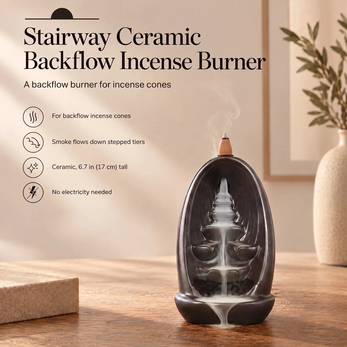 Stairway Ceramic Backflow Incense Burner in use, with its key features