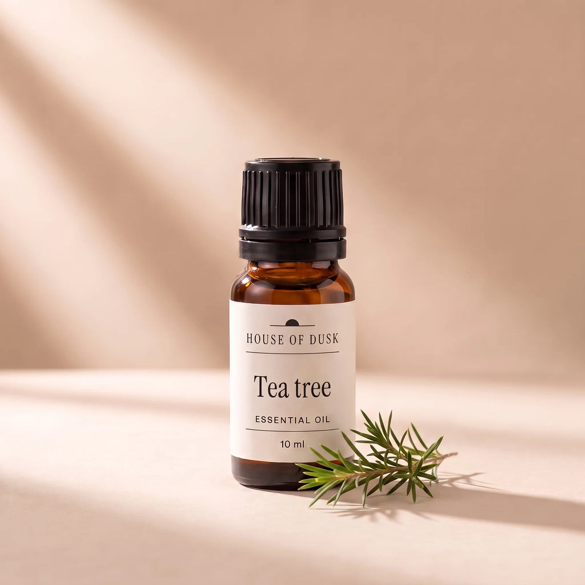 Tea tree essential oil in a 10 ml amber glass bottle with a House of Dusk label, beside a small sprig of tea tree with fine needle like green leaves