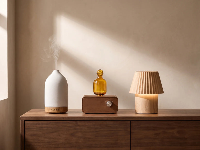 Matte white ceramic diffuser, walnut radio diffuser and pleated wood lamp diffuser on a walnut console
