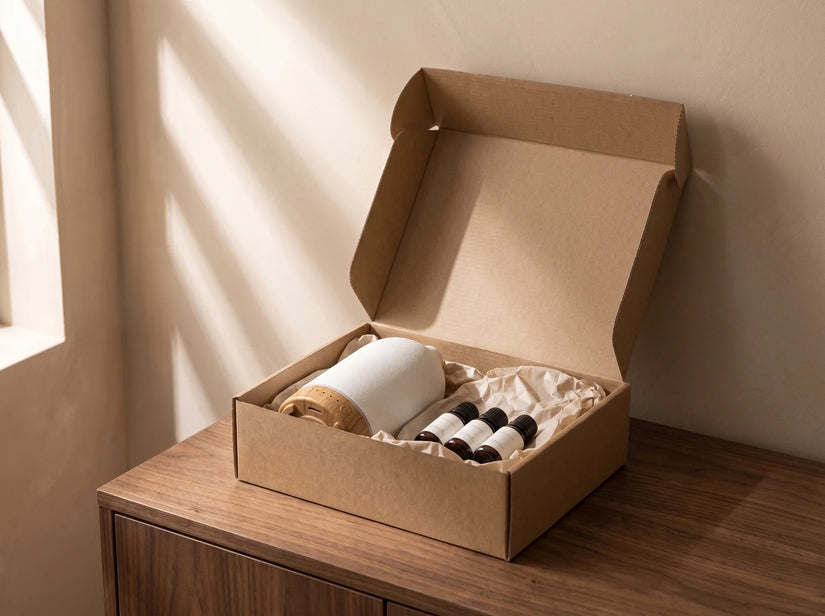 Open kraft shipping box with a ceramic diffuser and three 10 ml oil bottles